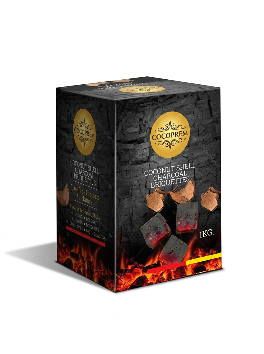 COCOPREM coconut shell charcoal briquette carton, 1 kg pack