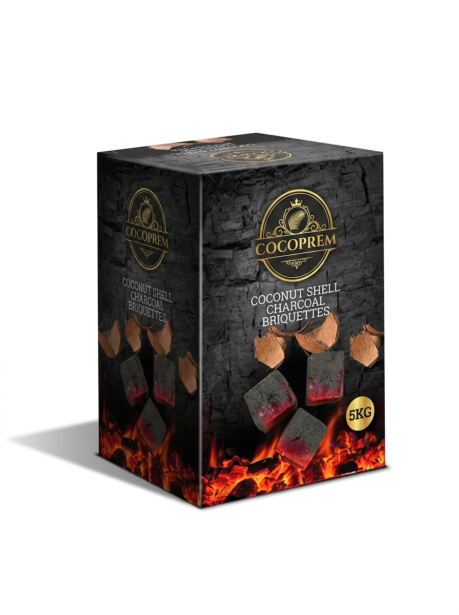 COCOPREM coconut shell charcoal briquette carton, 5 kg pack